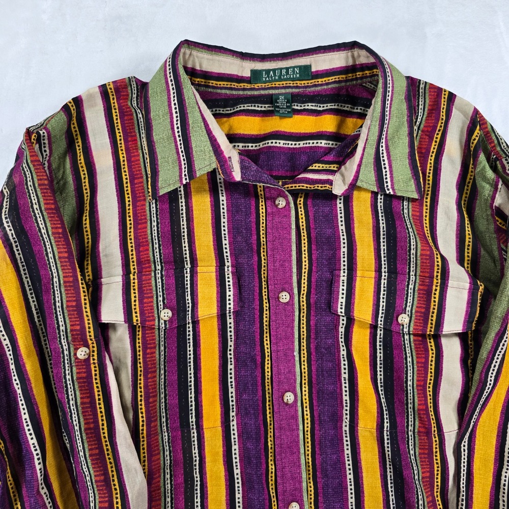 Lauren Ralph Lauren Striped Button Down Shirt Womens 2X Purple Yellow Cotton Top